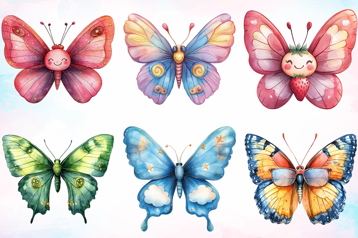 Watercolor Kawaii Butterfly Clipart, an Animal Illustration by Canvas Craft (Photo 3 of 4)
