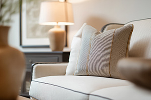 Elegant living room interior design showcasing a comfortable couch with decorat, an Architecture Photo by Studio ANNA