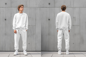 A young man wearing a white sweatshirt and sweatpants sports suit mockup, stand, a Hoody Mockup by Textures & Backgrounds