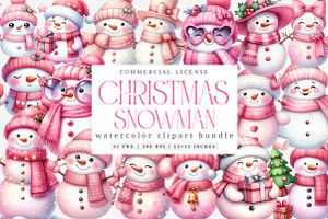 Watercolor Pink Snowman Clipart, an Illustration by SinaCreation