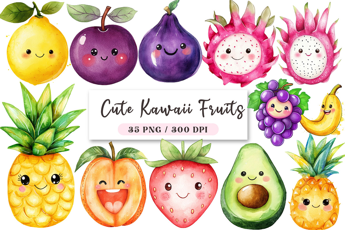 Cute Kawaii Fruits Clipart, an Illustration by DreamArtGraphic (Photo 1 of 4)