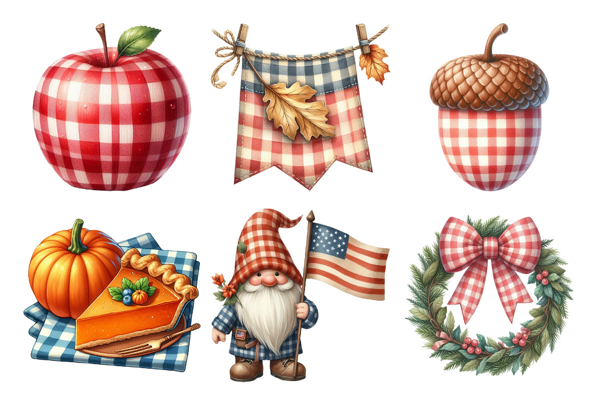 Watercolor Gingham Autumn Clipart Bu, an Illustration by Daily.Designs (Photo 2 of 5)