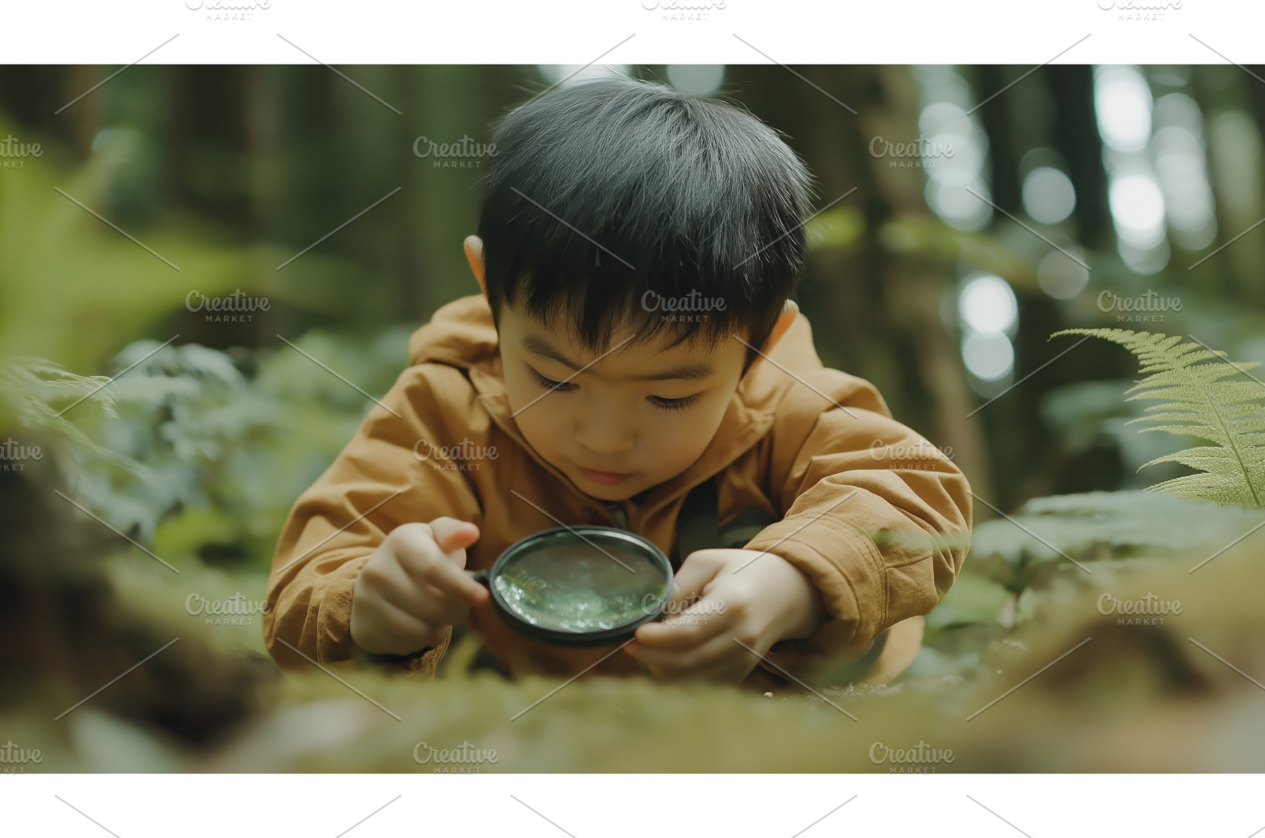 Asian boy explores nature using a, a School & Education Photo by Sergey Kotenev