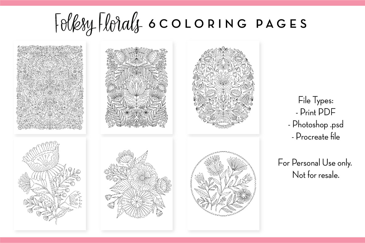 6 Folksy Florals Coloring Pages, an Illustration by On the Mark Designs (Photo 2 of 4)