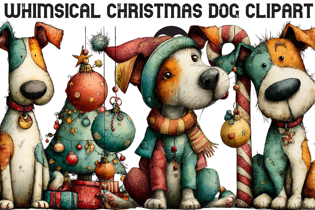 Whimsical Christmas Dog Clipart, an Illustration by Black Bird Studio (Photo 1 of 6)