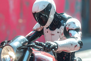 Humanoid robot riding motorcycle in gritty futuristic streets, a Technology Photo by GoodGoods