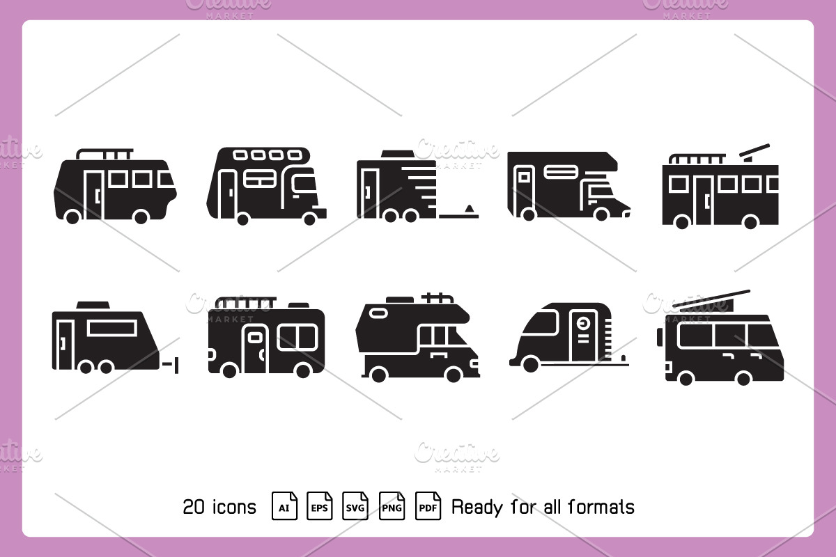 Motorhome and RV Icons Set, a Solid Icon by Designfour