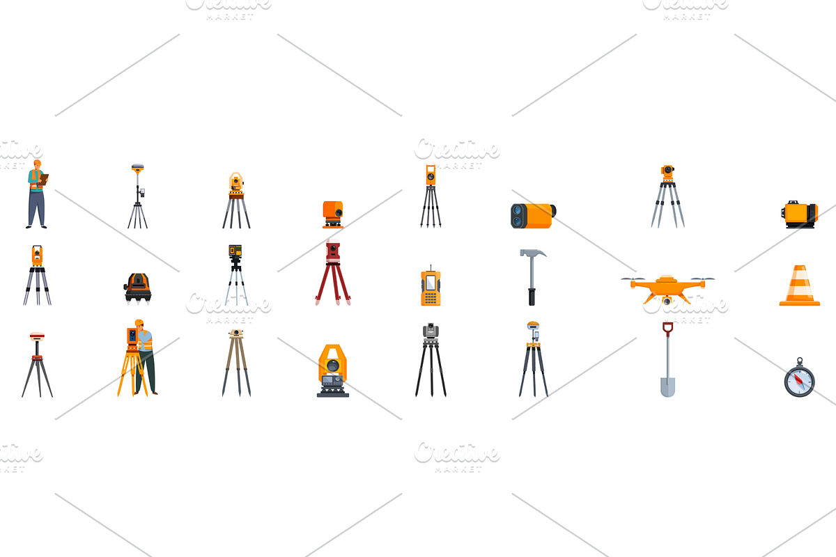 Geodetic equipment icons set, an Object Illustration by Ylivdesign