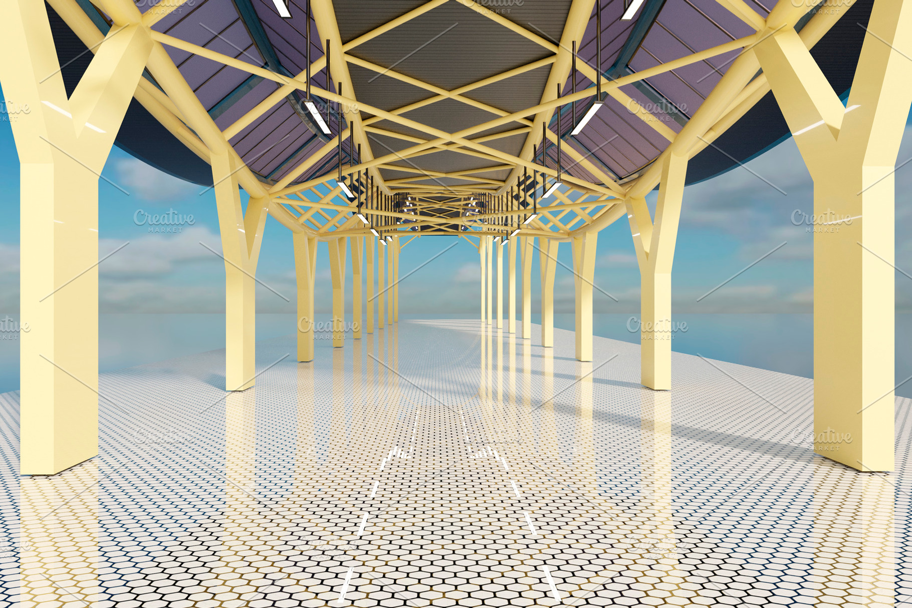 Modern industrial steel structure corridor perspective render, an Architecture Photo by RF Images