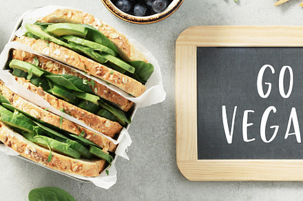 Go vegan chalk board and healthy sandwich flat lay, a Food & Drink Photo by Natalia Klenova's Shop