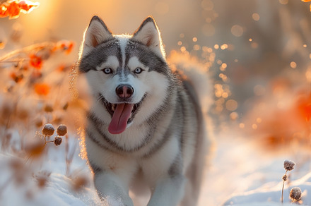 A playful Siberian Husky joyfully running through a snowy landscape, with sunli, an Animal Photo by ImageMir