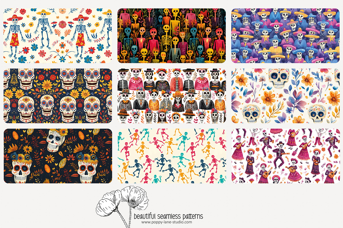 80 Dia de Muertos seamless pattern, a Pattern Graphic by Poppy Lane Studio (Photo 7 of 11)