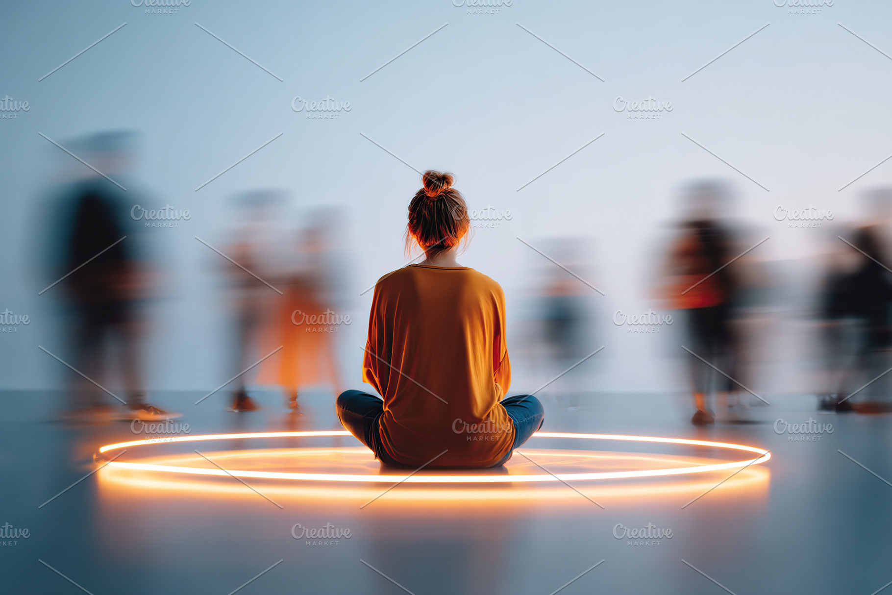 Person sitting peacefully within glowing circle surrounded by blurry figures in, a Photo by AlyaAnd