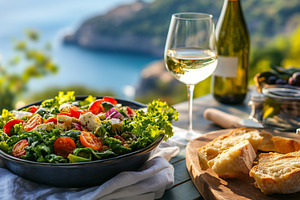 Greek salad on an outdoor table with, a Food & Drink Photo by MistyDay