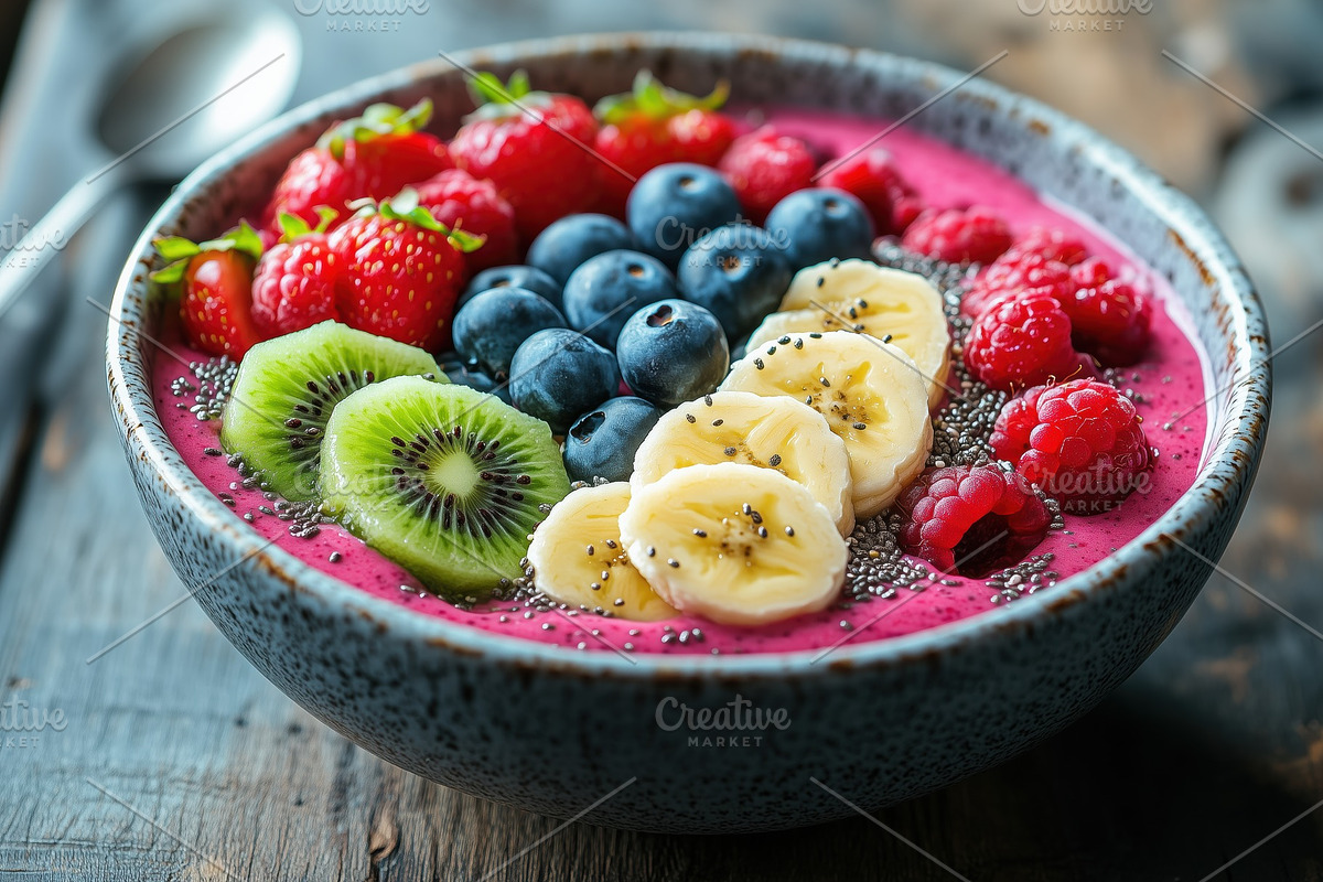 A vibrant smoothie bowl topped with fresh fruits like kiwi, banana, blueberries, a Food Illustration by Textures & Backgrounds