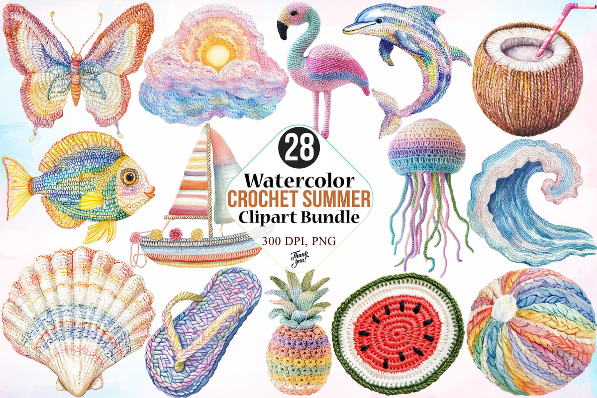 Watercolor Crochet Summer Clipart, an Illustration by Canvas Craft (Photo 1 of 3)