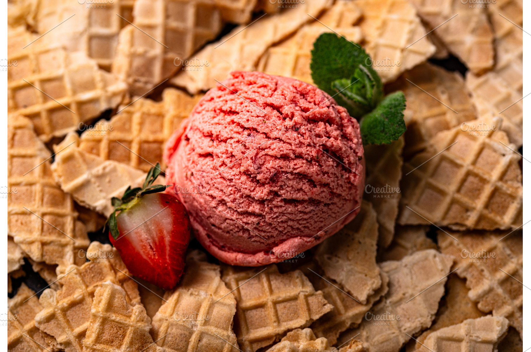 Strawberry ice cream scoop with, a Food & Drink Photo by Yulia Furman