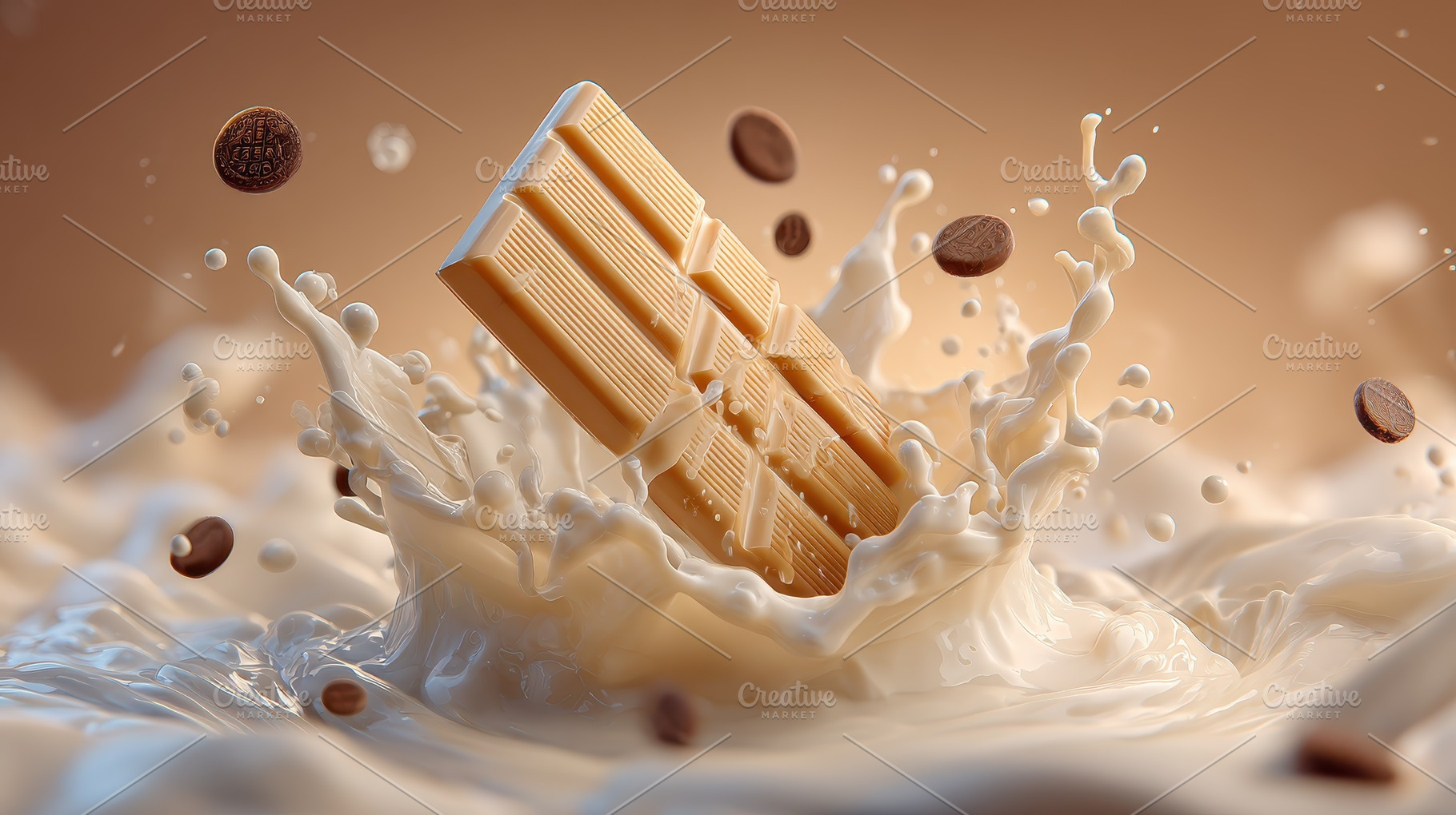 White chocolate bar splashing in cre, a Photo by Pixeness Studio