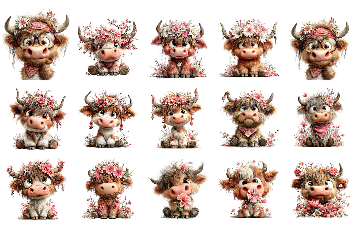 Highland Cow Floral Clipart, an Illustration by GatewayDesign (Photo 3 of 3)