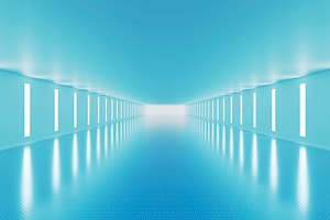 Futuristic blue corridor with glowing wall light panels view, a Background Photo by RF Images