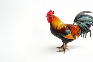 Beautiful vibrant rooster isolated on a clean white background, a Photo by AS photostudio