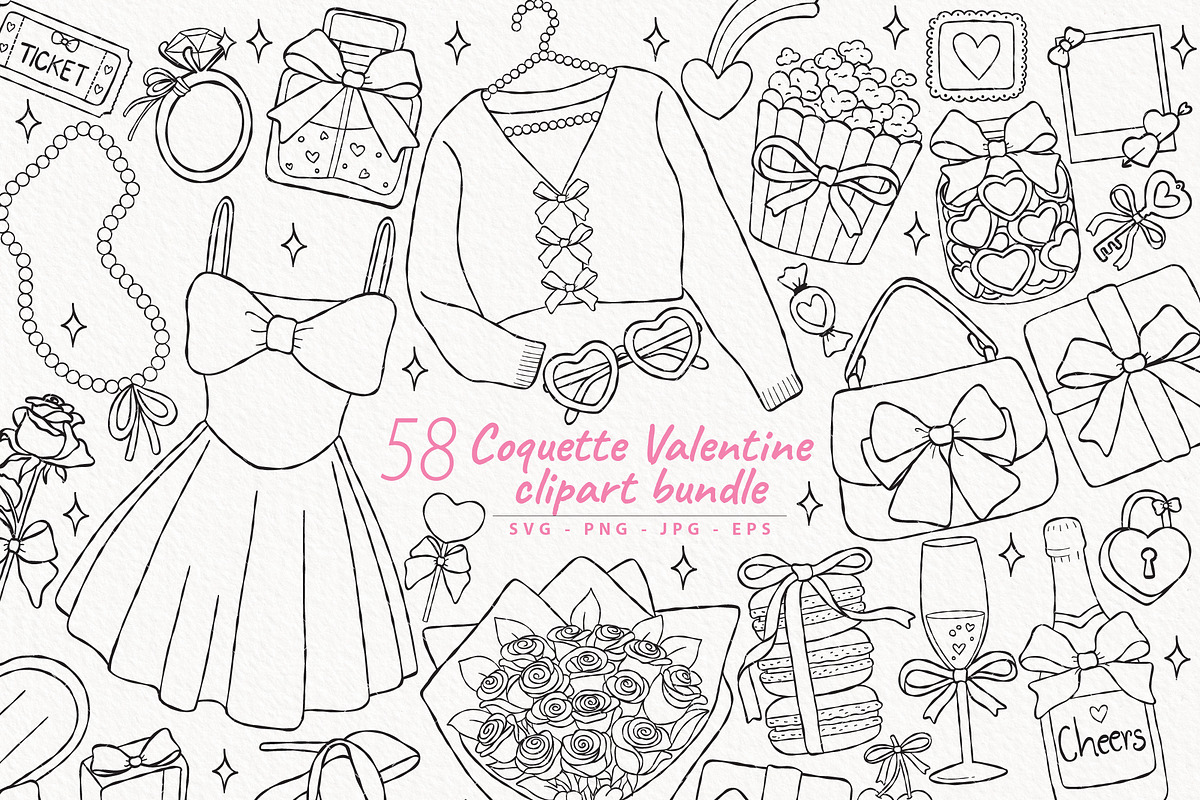 Coquette Valentine Outline Clipart, a Seasonal Illustration by TitaLivingArt (Photo 1 of 9)