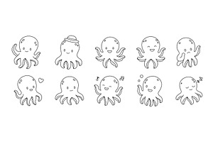 Octopus outline set. Vector sea, an Animal Illustration by GraphiShop