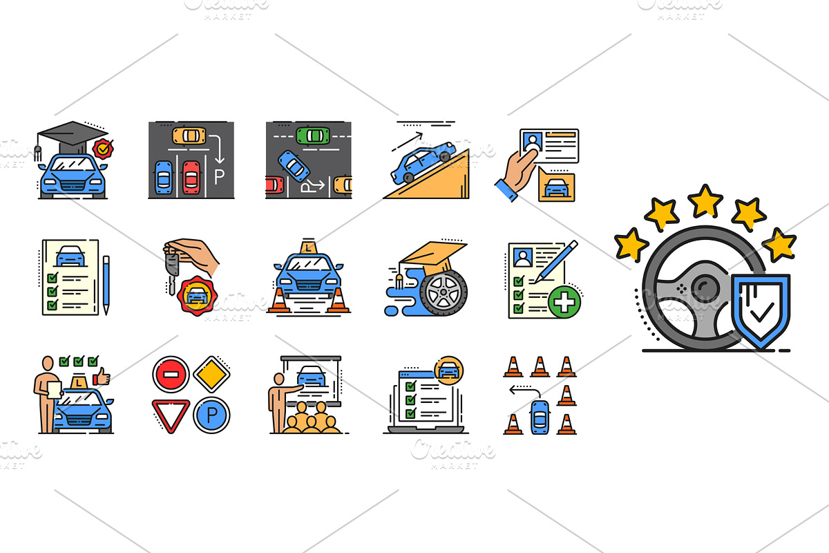 Driver school icons, a Transportation Illustration by Vector Tradition