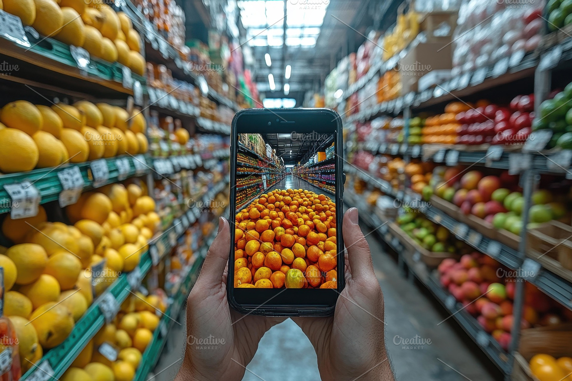 Shopper takes a picture of a vibrant, a Photo by Tanuart