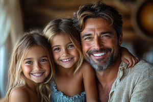 Happy father and daughters enjoying, a Photo by Tanuart