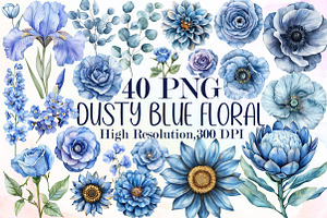 Dusty Blue Floral Clipart Watercolor, an Illustration by Sublimation Artist