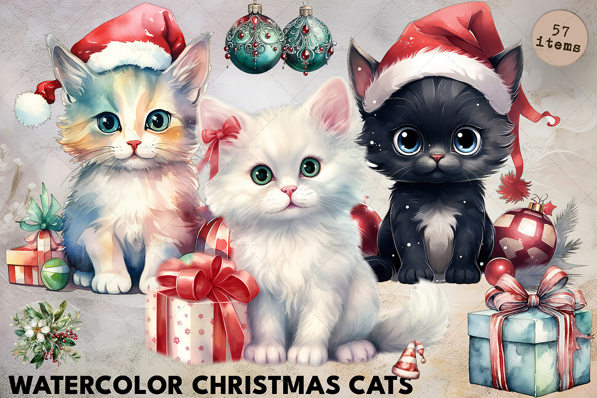 Watercolor Christmas Cats | Kittens, an Illustration by Dazzling Art Boutique (Photo 1 of 10)