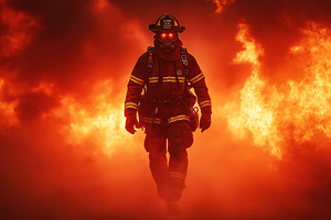 A courageous male firefighter emerges from flames, showcasing resilience agains, a Person Photo by ImageMir