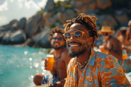 Handsome Young Man Wearing Sunglasses Enjoying a Tropical Vacation with Friends, a Photo by AS photostudio
