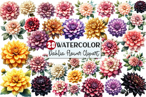 Dahlia Flower Watercolor Cliparts, an Illustration by Rose Art