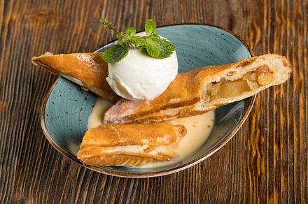 Sweet dessert apple strudel with ic stock photo containing dessert and strudel, a Food & Drink Photo by oleghz