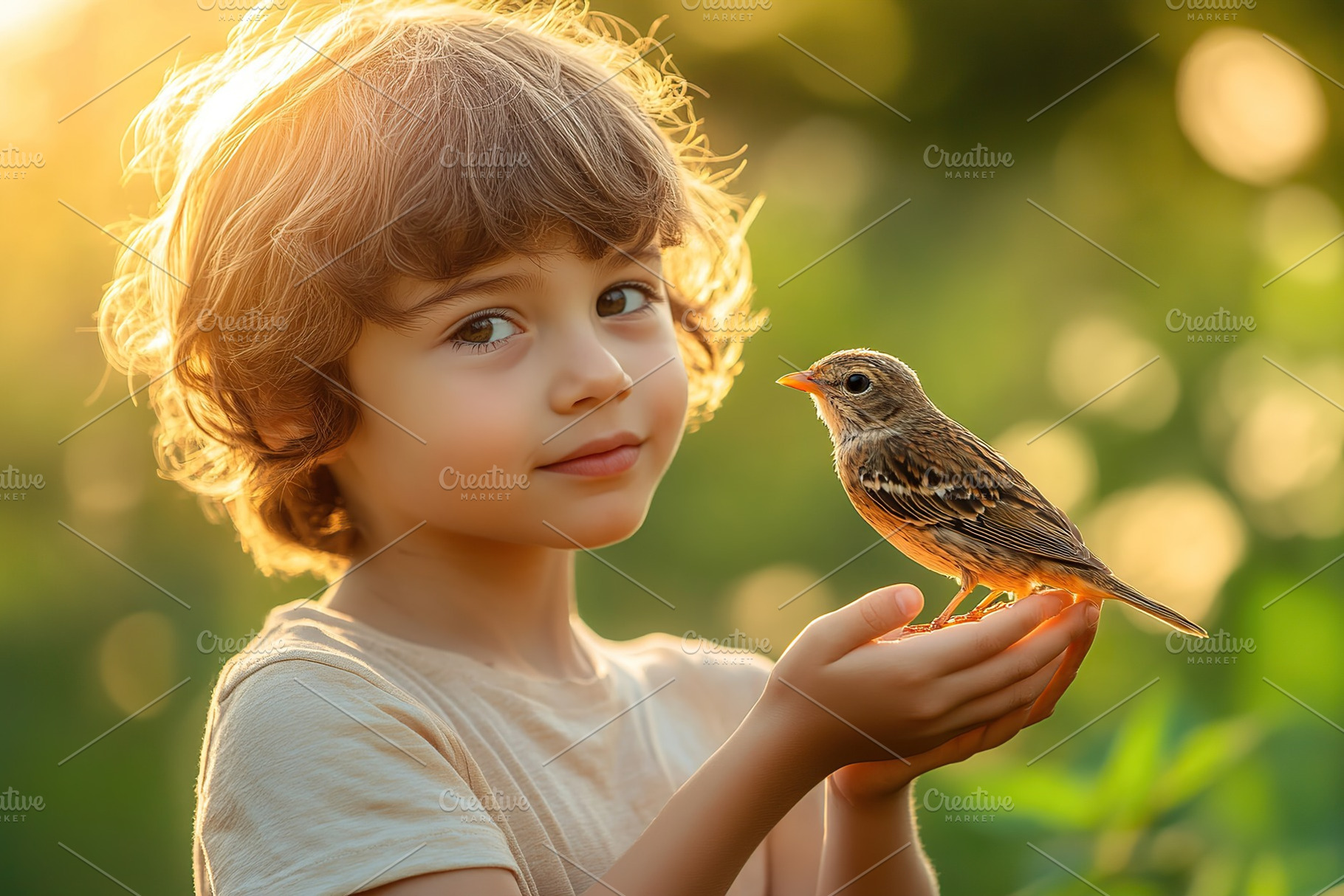 Boy gently holding a small bird in his hands during a sunny afternoon, a Person Photo by AlyaAnd