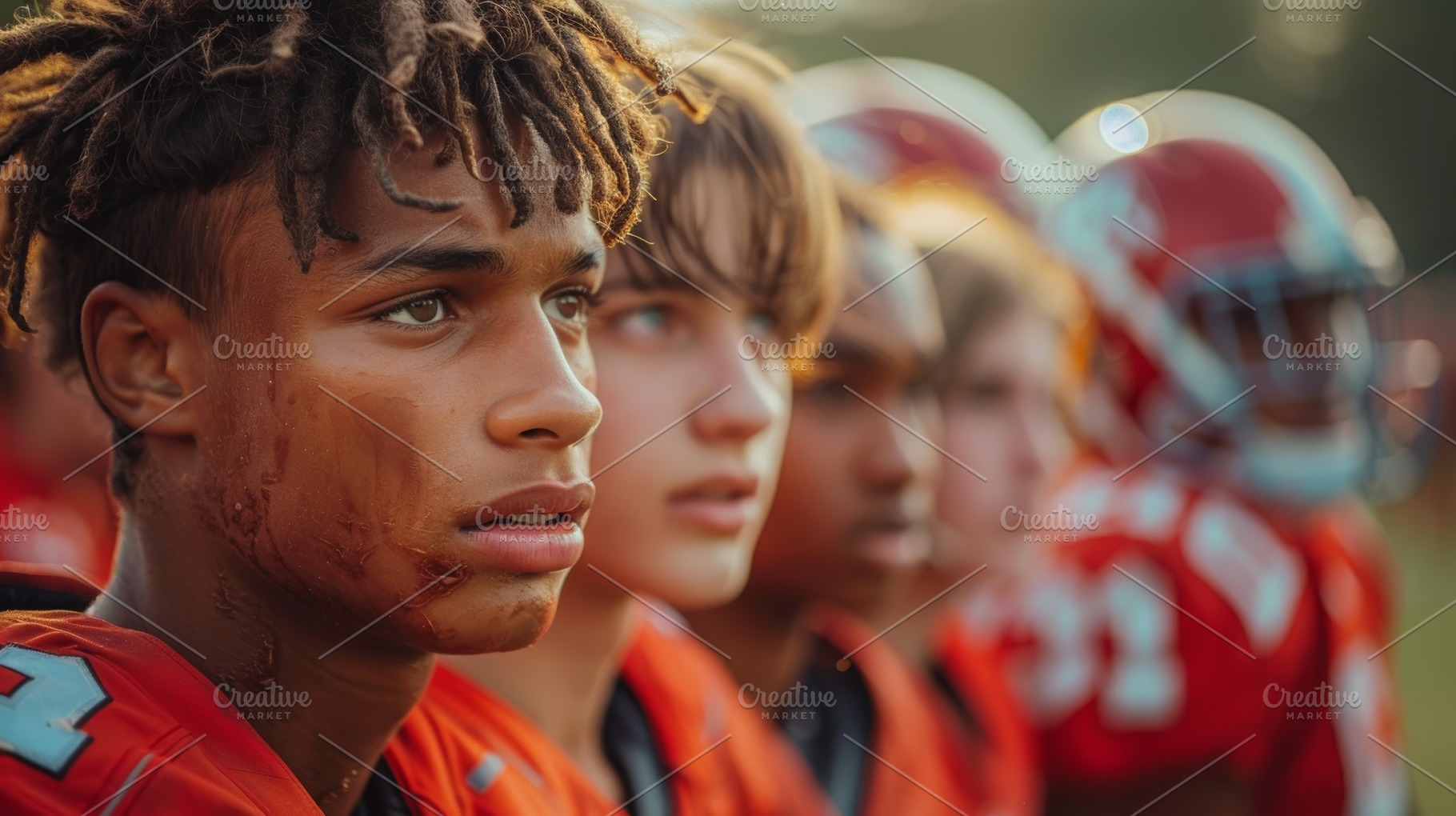 Focused Young American Football Players in Red Jerseys After a G, a Photo by AS photostudio