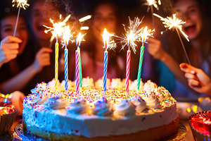 Friends celebrate with cake and sparklers during a joyful gathering at night, a Food & Drink Photo by AlyaAnd