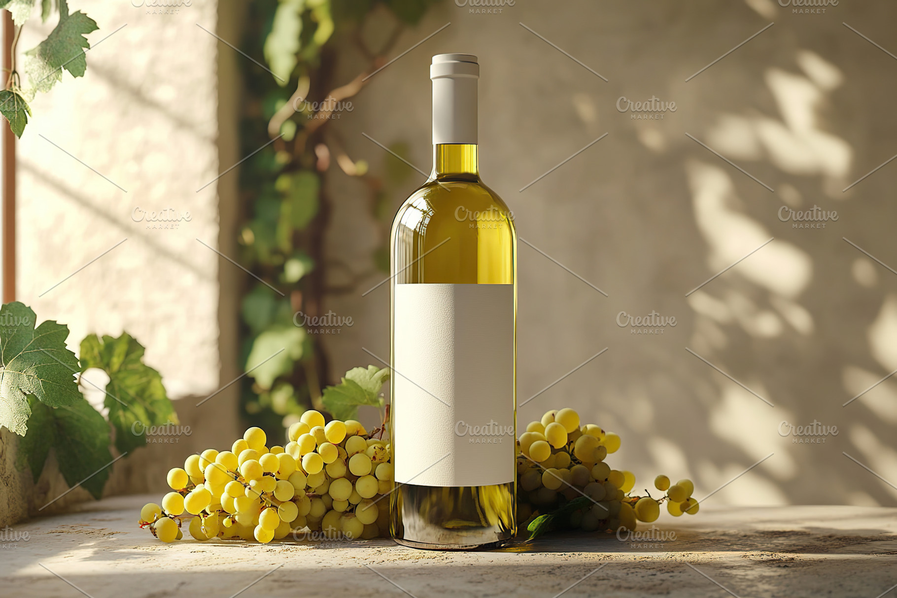 White wine bottle with grapes in sunlit vineyard setting, a Food & Drink Photo by AlyaAnd