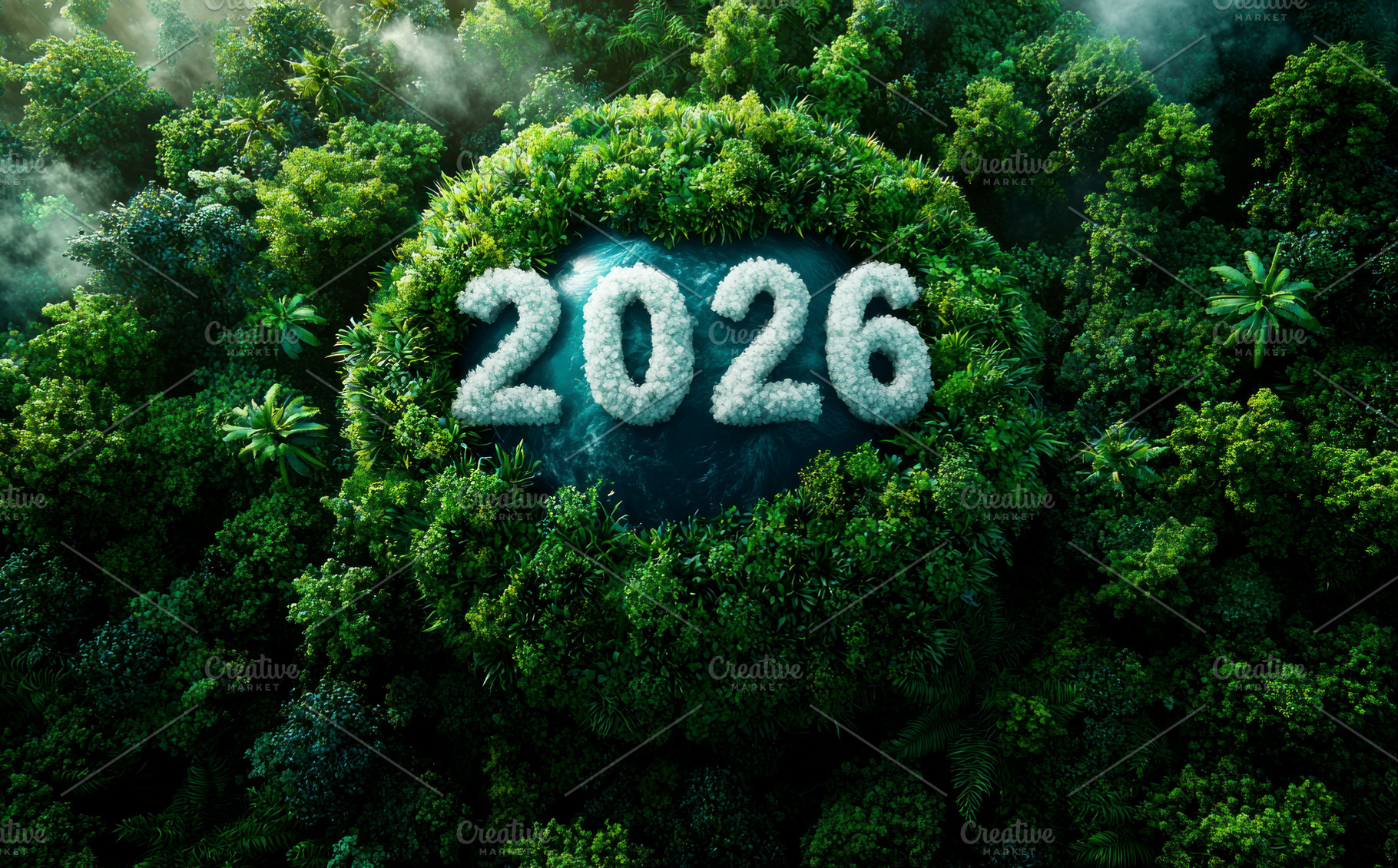 Cloud-shaped 2026 numbers over Earth surrounded by dense green f, a Background Photo by José Manuel Gelpi