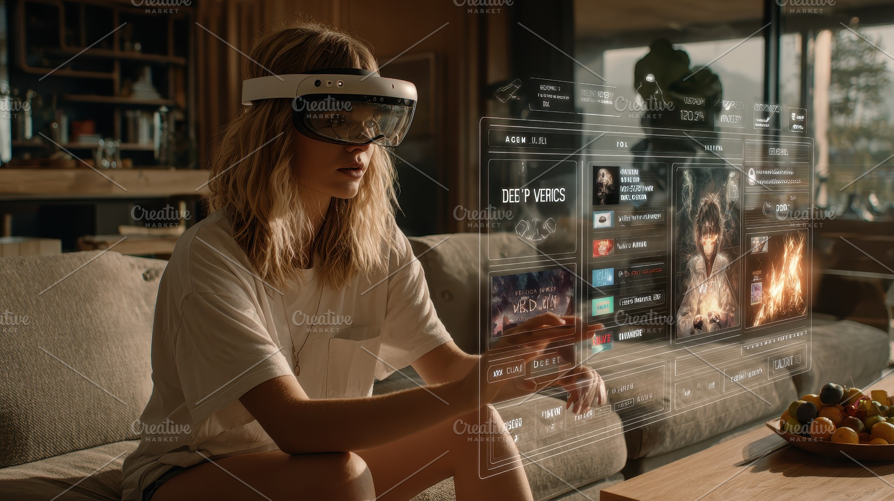 Woman using futuristic AR glasses br, a Photo by Pixeness Studio