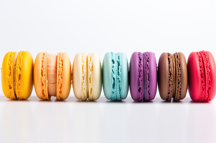 Colorful macarons dessert on white background, a Food & Drink Photo by AlyaAnd