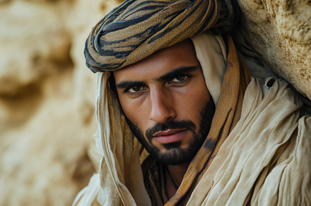 A close-up portrait of a arabic man wearing traditional Middle Eastern attire,, a Person Photo by Textures & Backgrounds