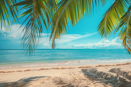 A tropical beach with palm trees, a Nature Photo by Virgo Studio