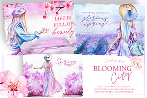 Watercolor Blooming City Clipart Set