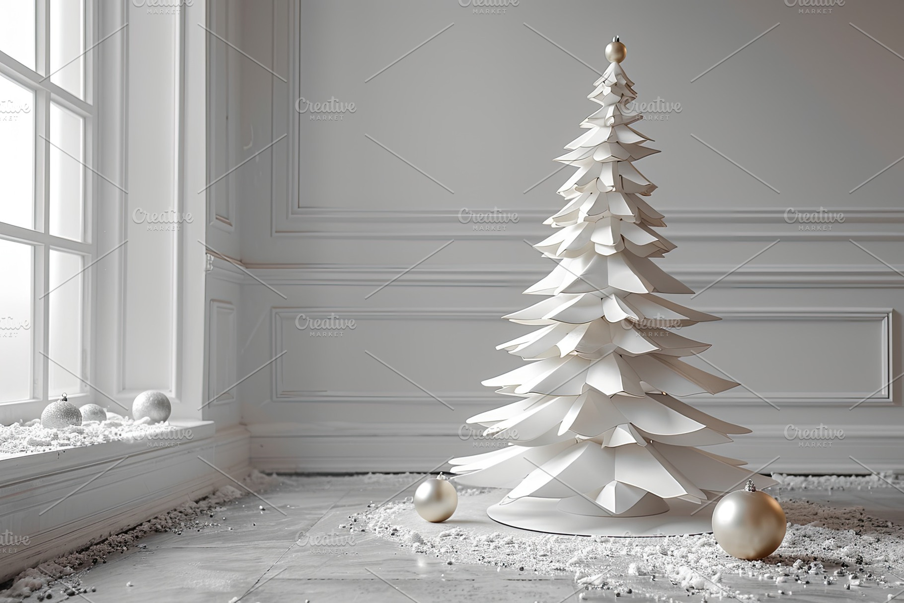 Minimalist white Christmas tree made of layered paper with ornam, a Background Photo by José Manuel Gelpi
