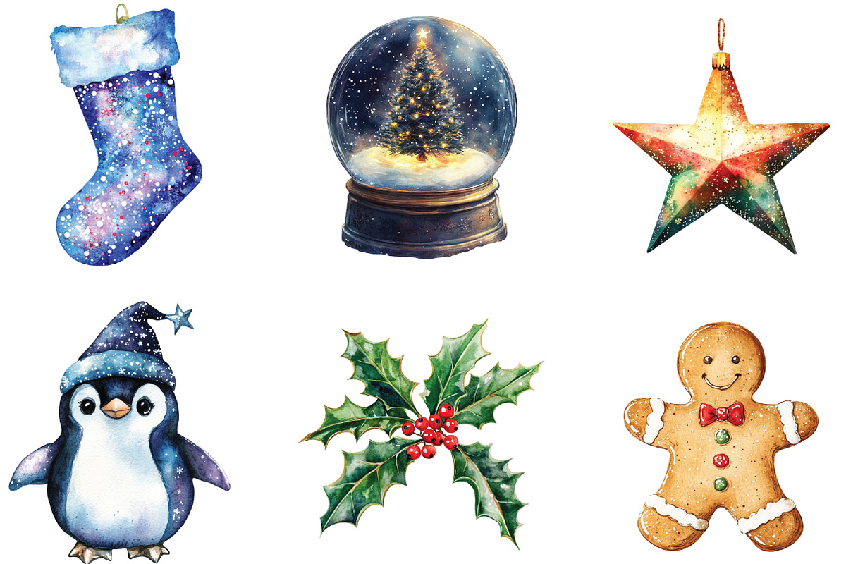 Watercolor Sparkle Christmas Clipart, an Illustration by CraftArtStudio (Photo 2 of 6)