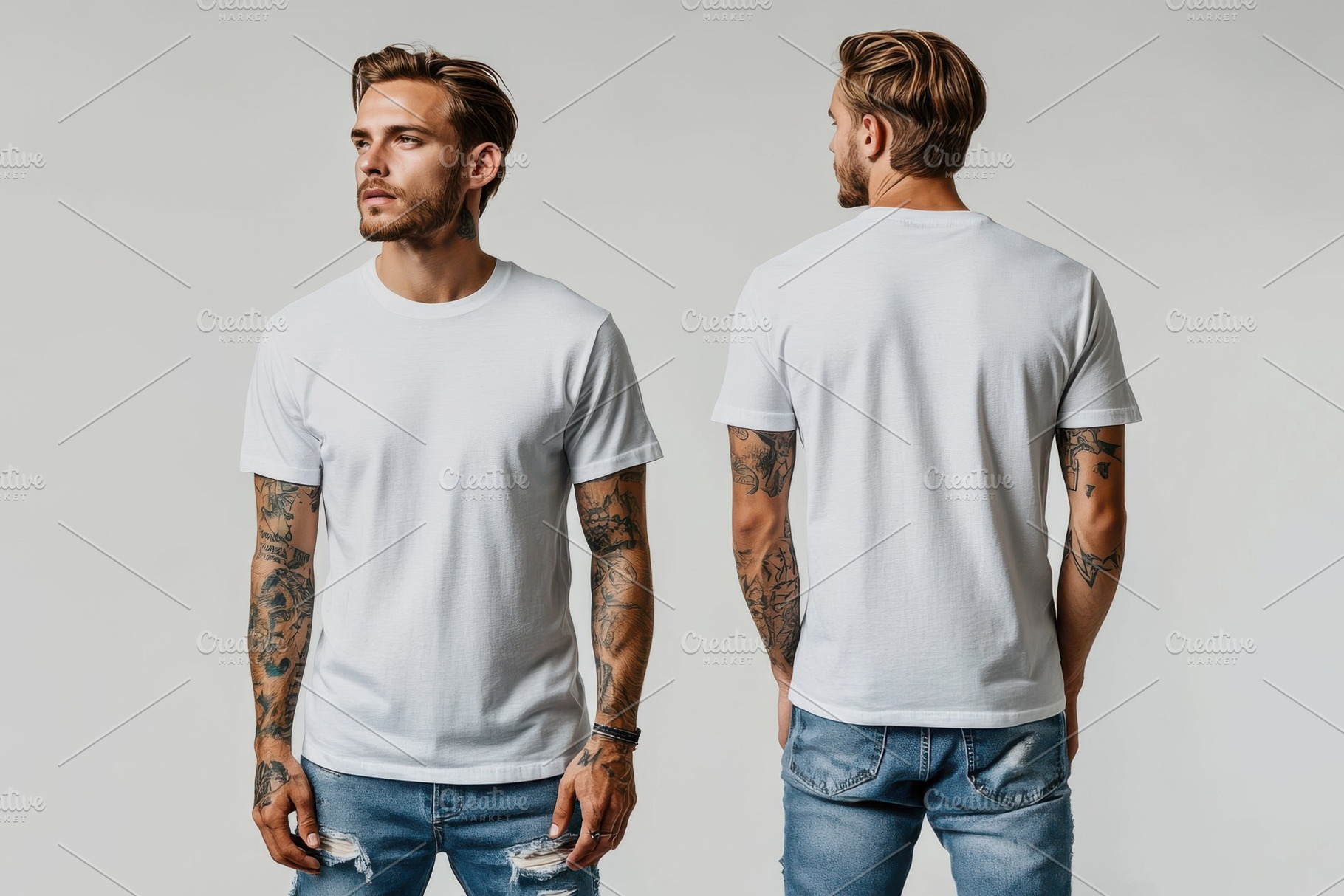 Stylish tattooed man in white tshirt, a Beauty & Fashion Photo by Pixeness Studio