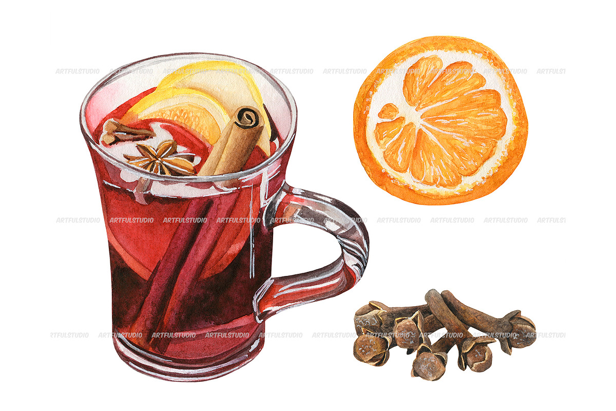Watercolor mulled wine clipart set, a Food Illustration by ArtfulStudio (Photo 4 of 9)